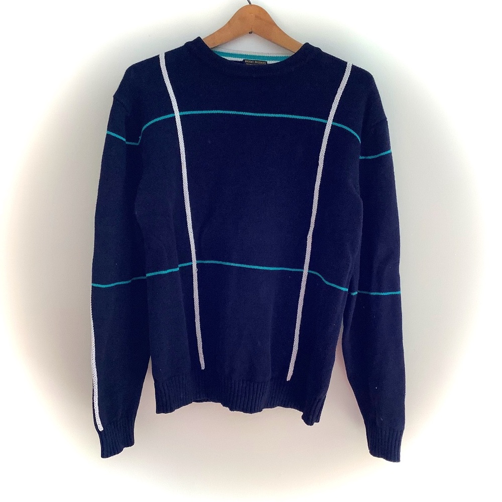 BROOKS BROTHERS NAVY BLUE AND WINDOW PANE STRIPE PATTERN COTTON SWEATER